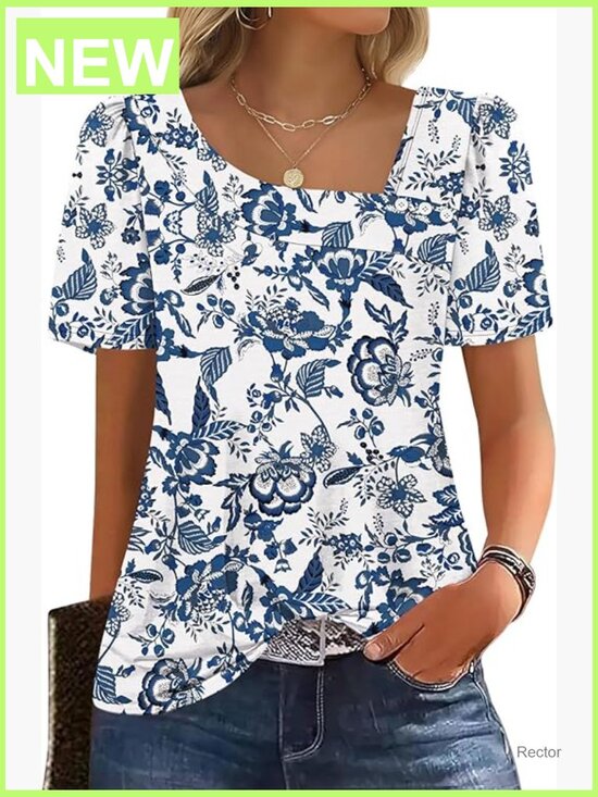 Tops - Women's Square Neck Puff Sleeve Blouse Short Sleeve Casual Tee